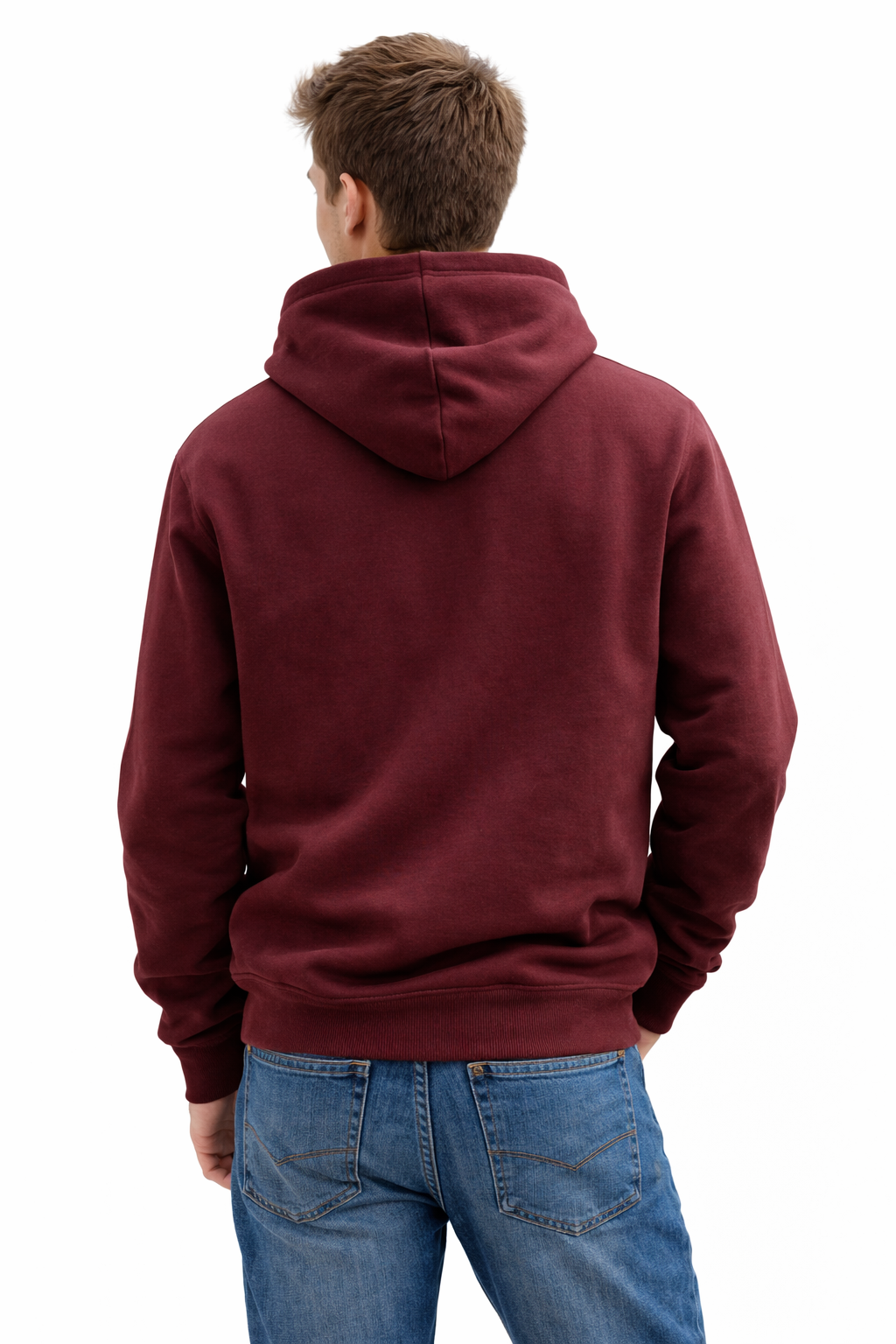 Person wearing a maroon hoodie and blue jeans on a white background