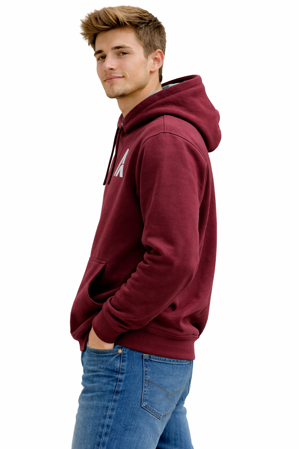 Man wearing a maroon hoodie with a logo on a white background