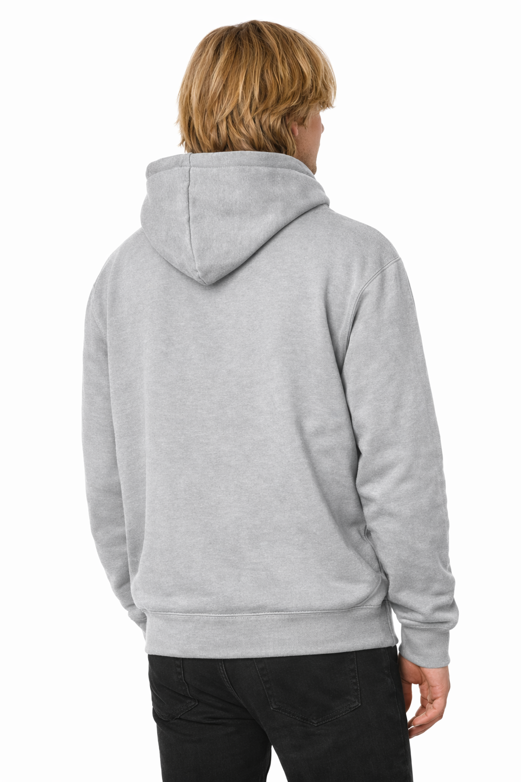 Person wearing a gray hoodie from behind on a white background