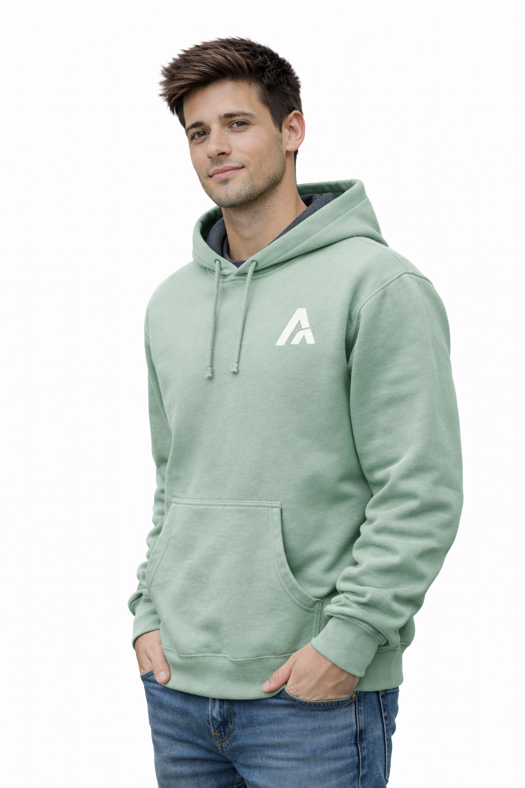 Man wearing a light green hoodie with a logo on a white background