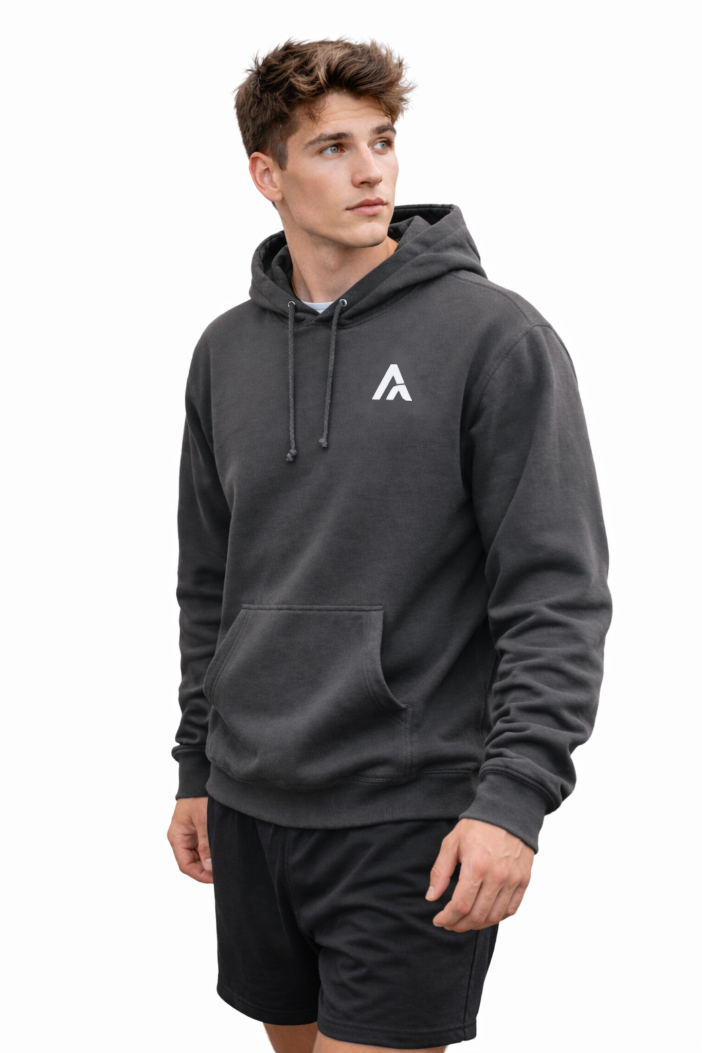 Man wearing a dark gray hoodie with a logo on a white background