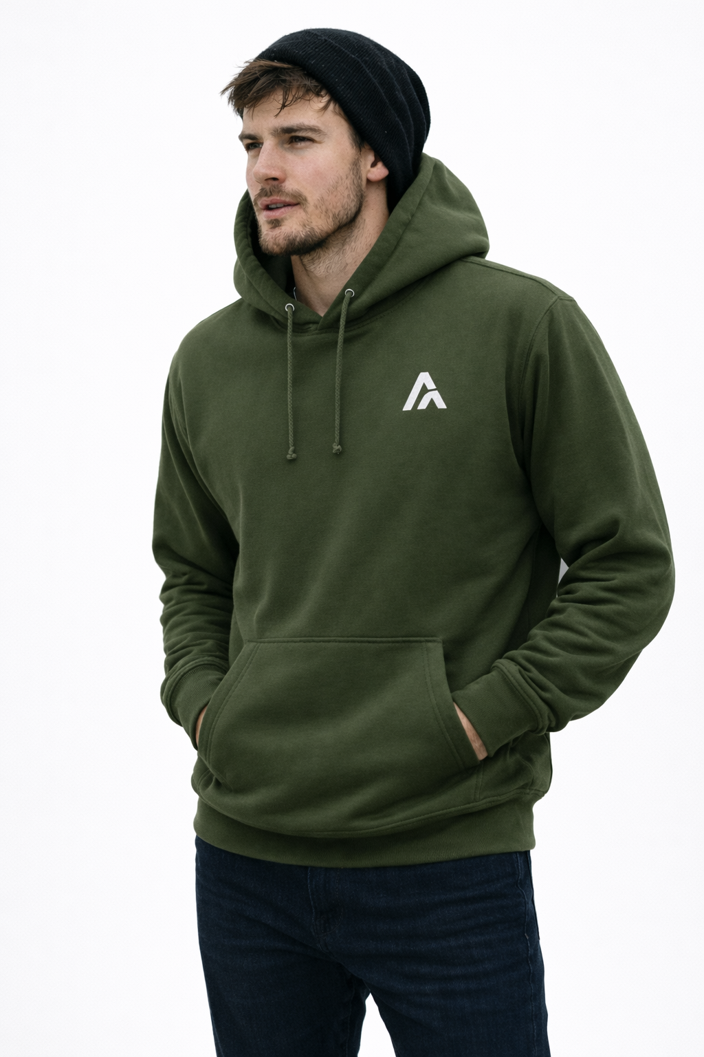 Man wearing a green hoodie with a logo on a white background