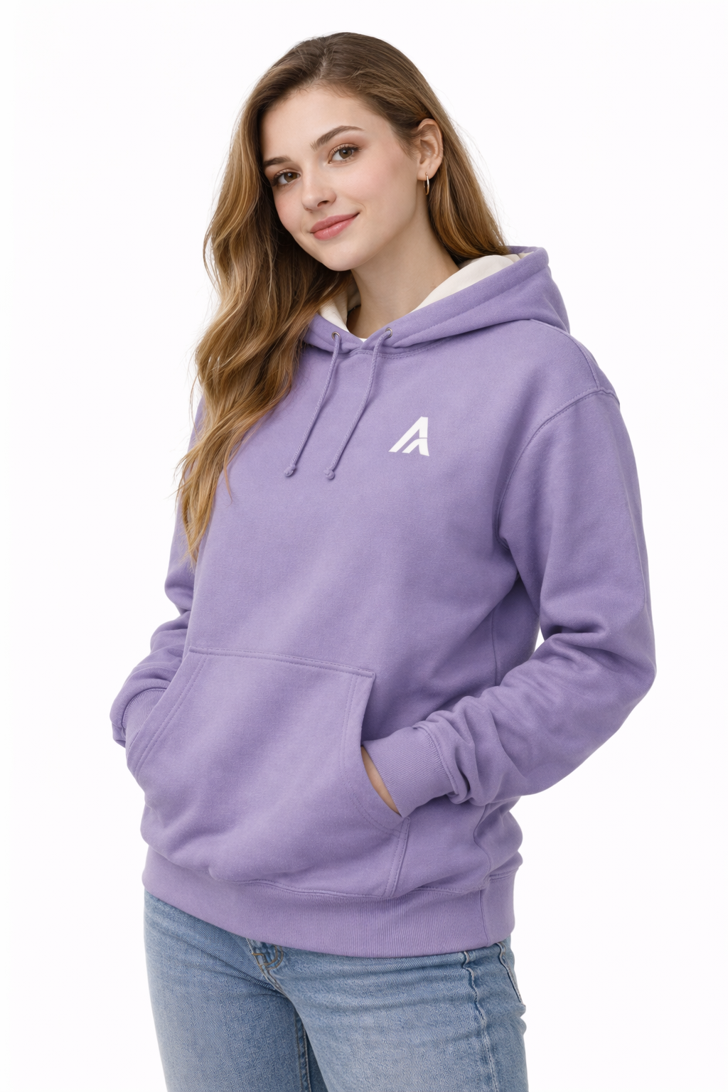 Woman wearing a purple hoodie with a white logo on a white background