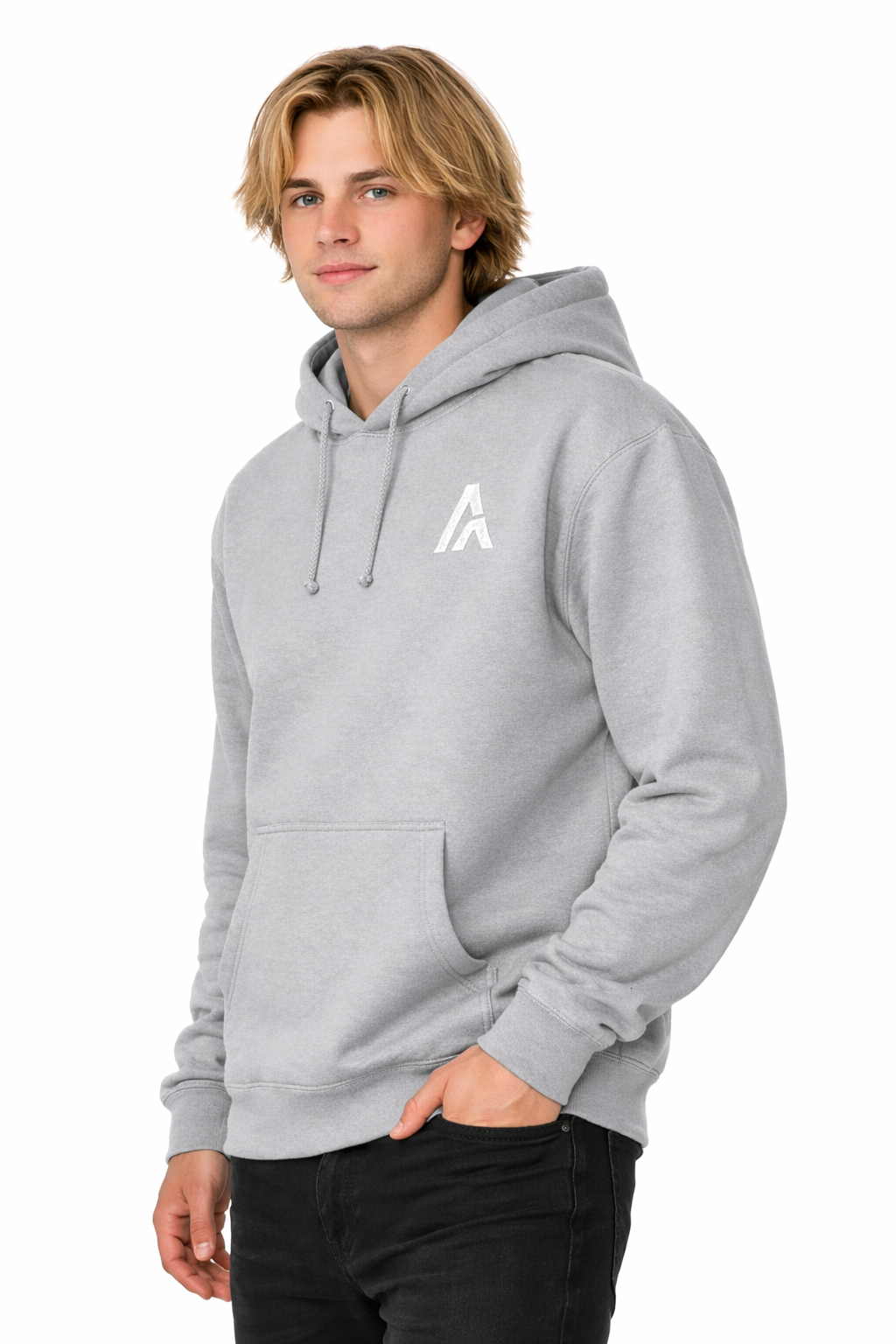 Man wearing a gray hoodie with a logo on a white background