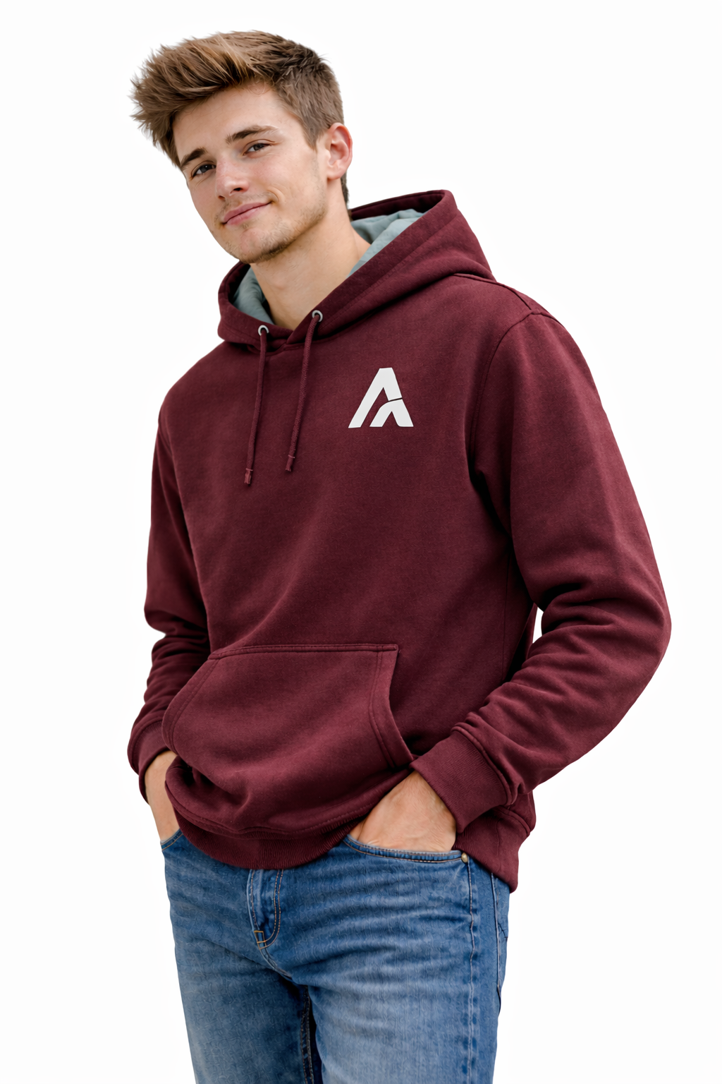 Person wearing a maroon hoodie with a logo on a white background