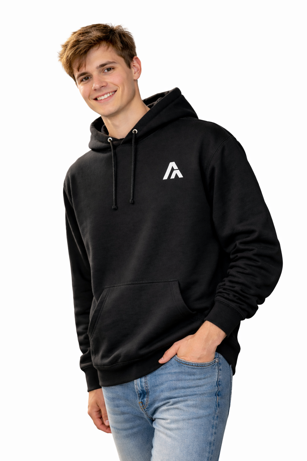 Person wearing a black hoodie with a logo on a white background