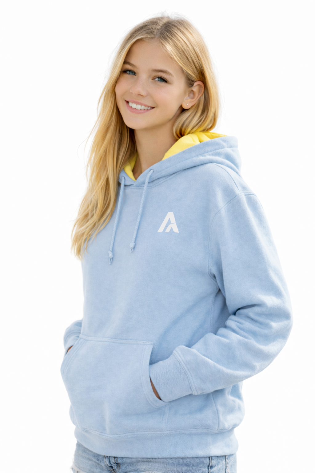 Person wearing a light blue hoodie with a logo on a white background