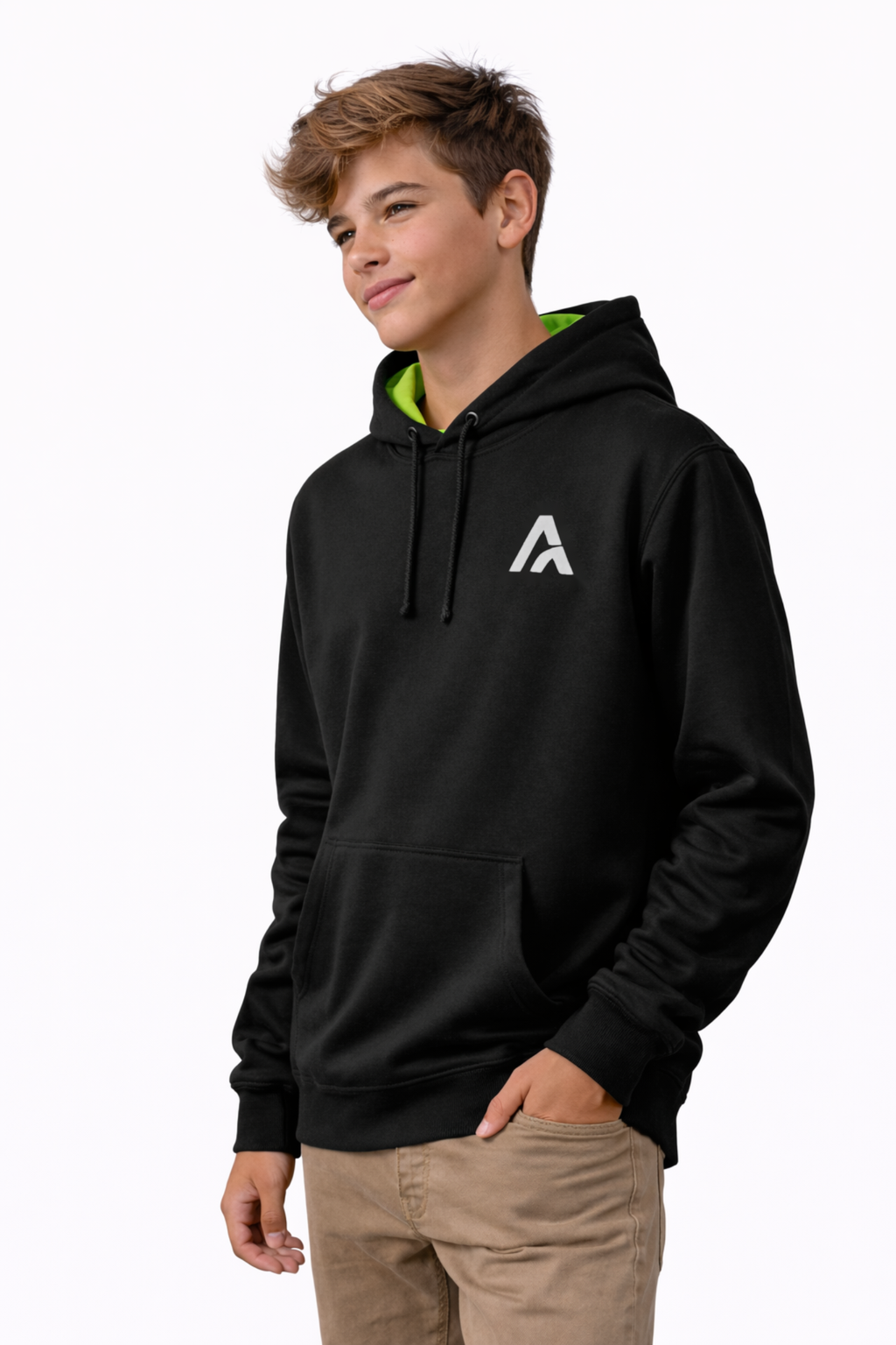 Person wearing a black hoodie with a logo on a white background