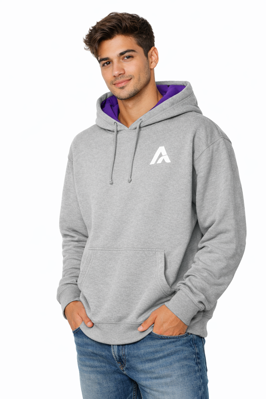 Man wearing a gray hoodie with a logo on a white background