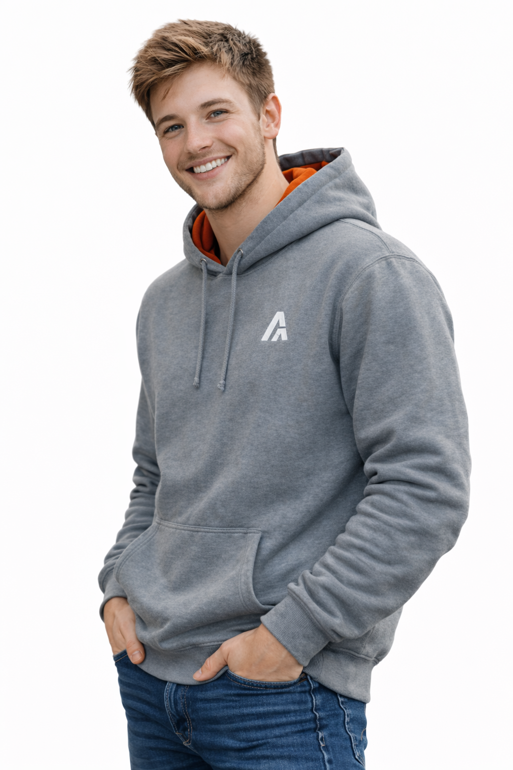 Man wearing a gray hoodie with a logo on a white background