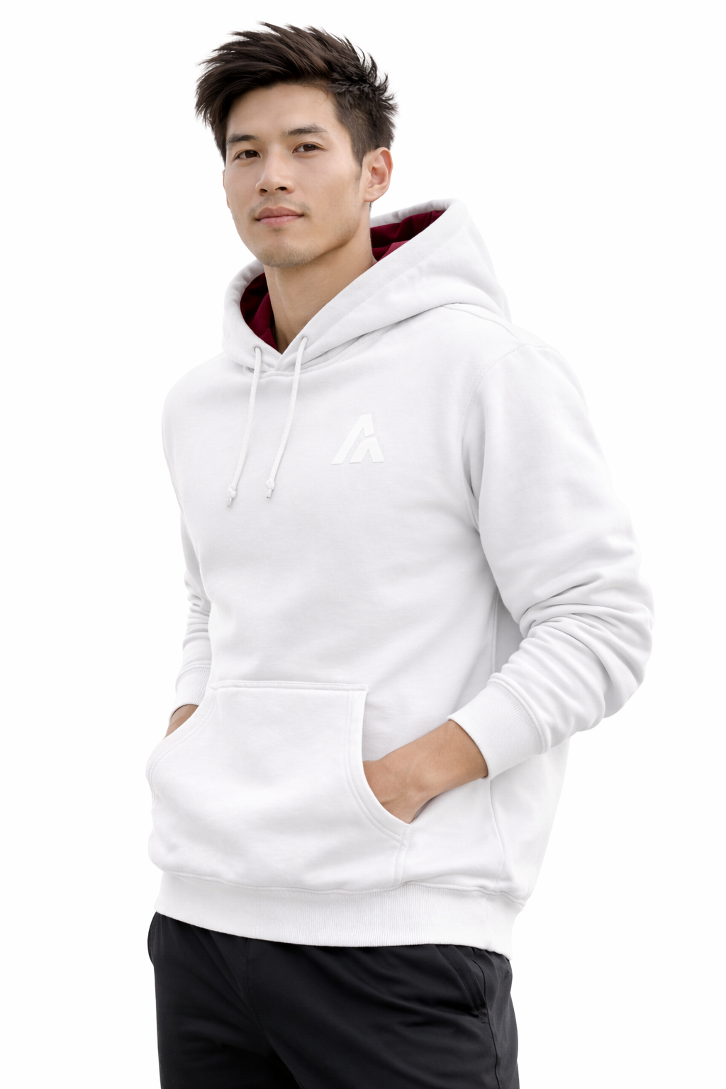 Man wearing a white hoodie with a red lining on a white background
