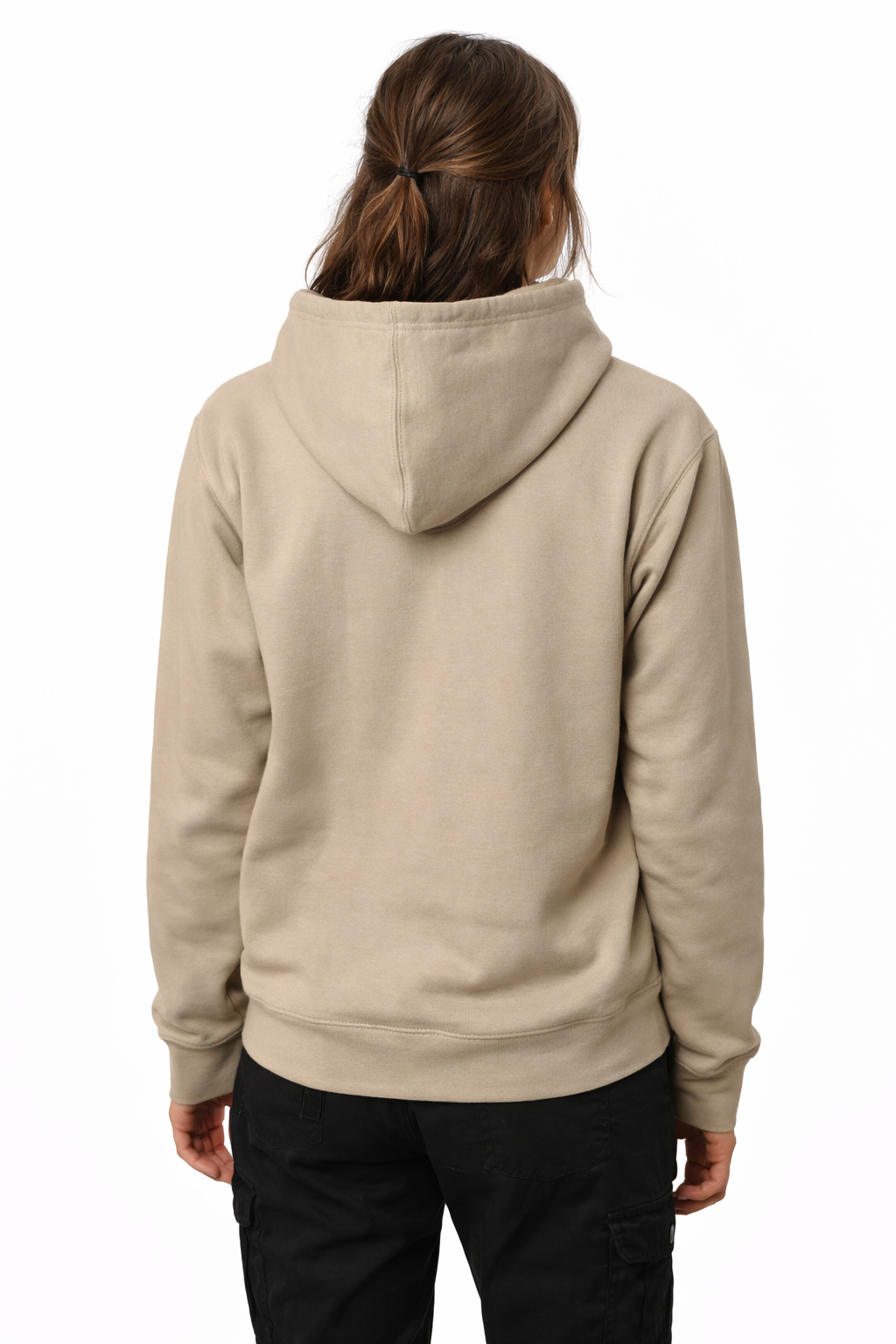 Person wearing a beige hoodie from behind on a white background