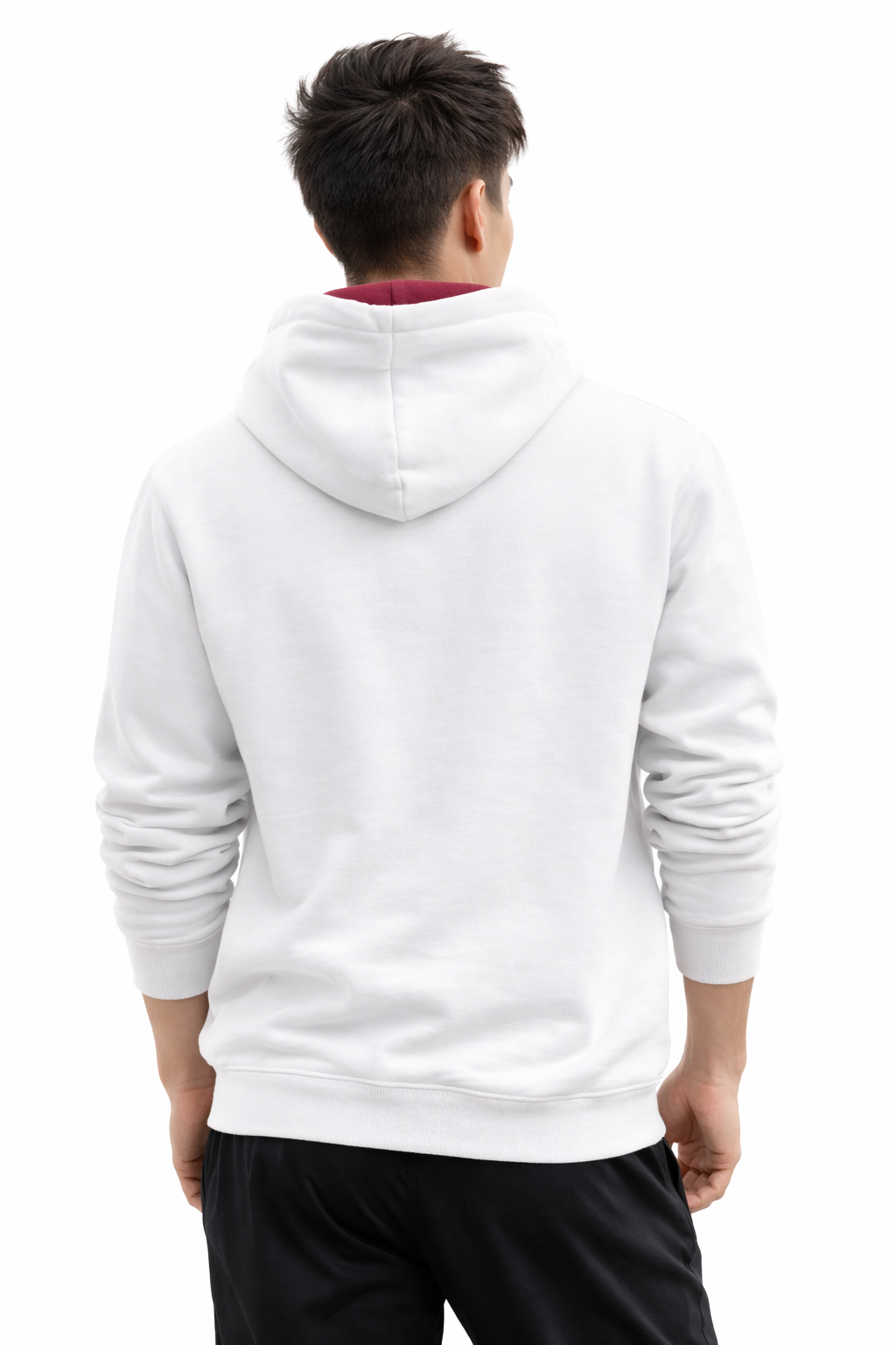 Person wearing a white hoodie from behind on a white background