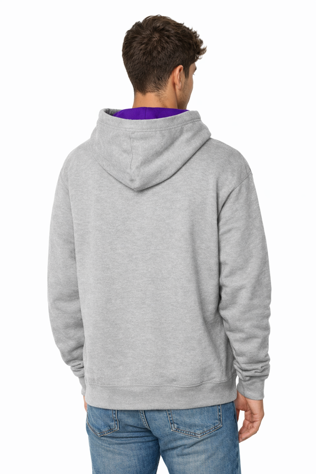 Person wearing a gray hoodie with a purple lining on a white background