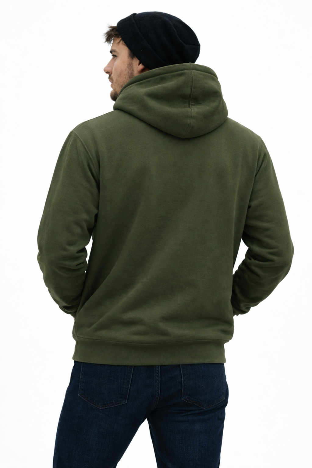 Person wearing a green hoodie from behind on a white background