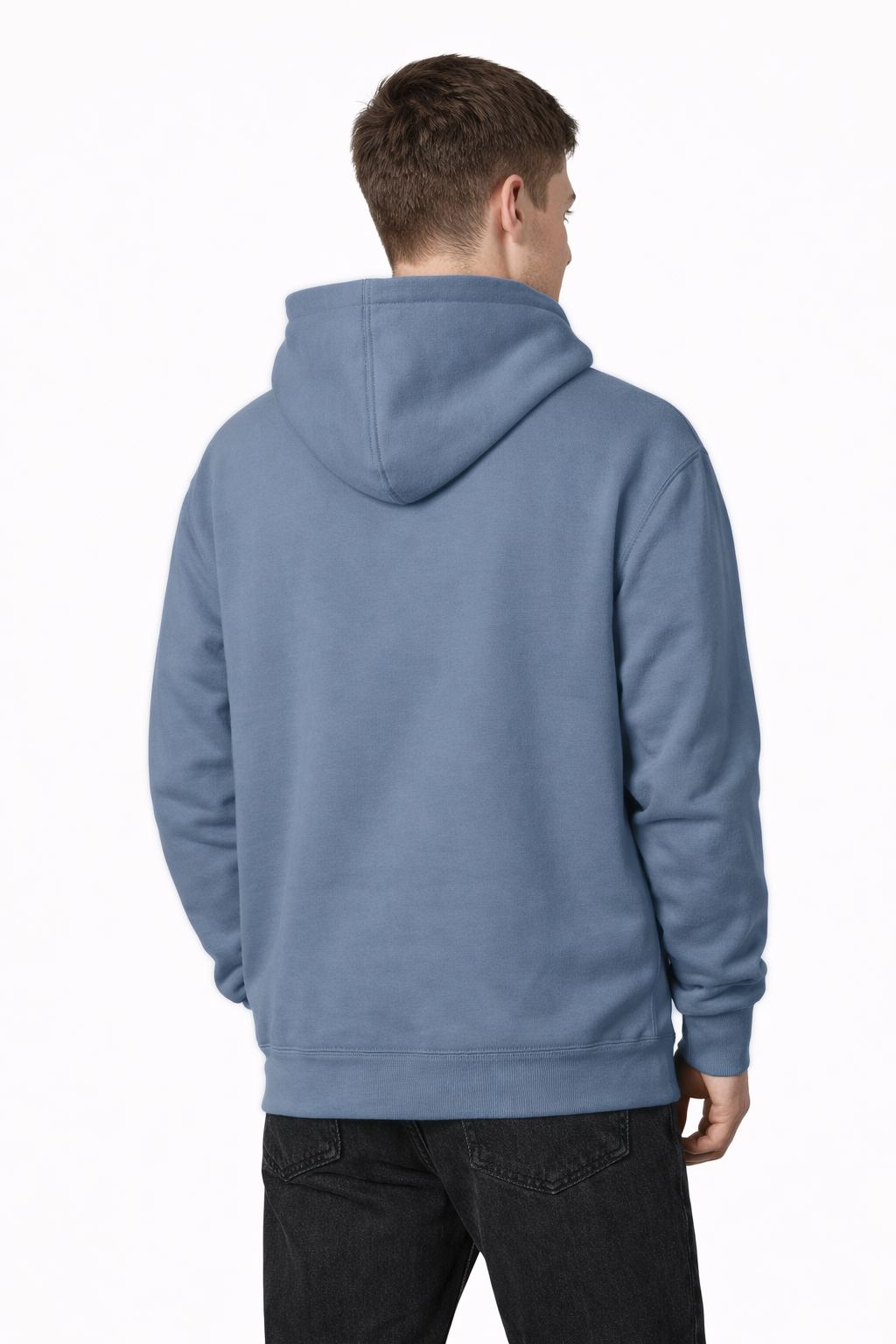 Person wearing a blue hoodie from behind on a white background