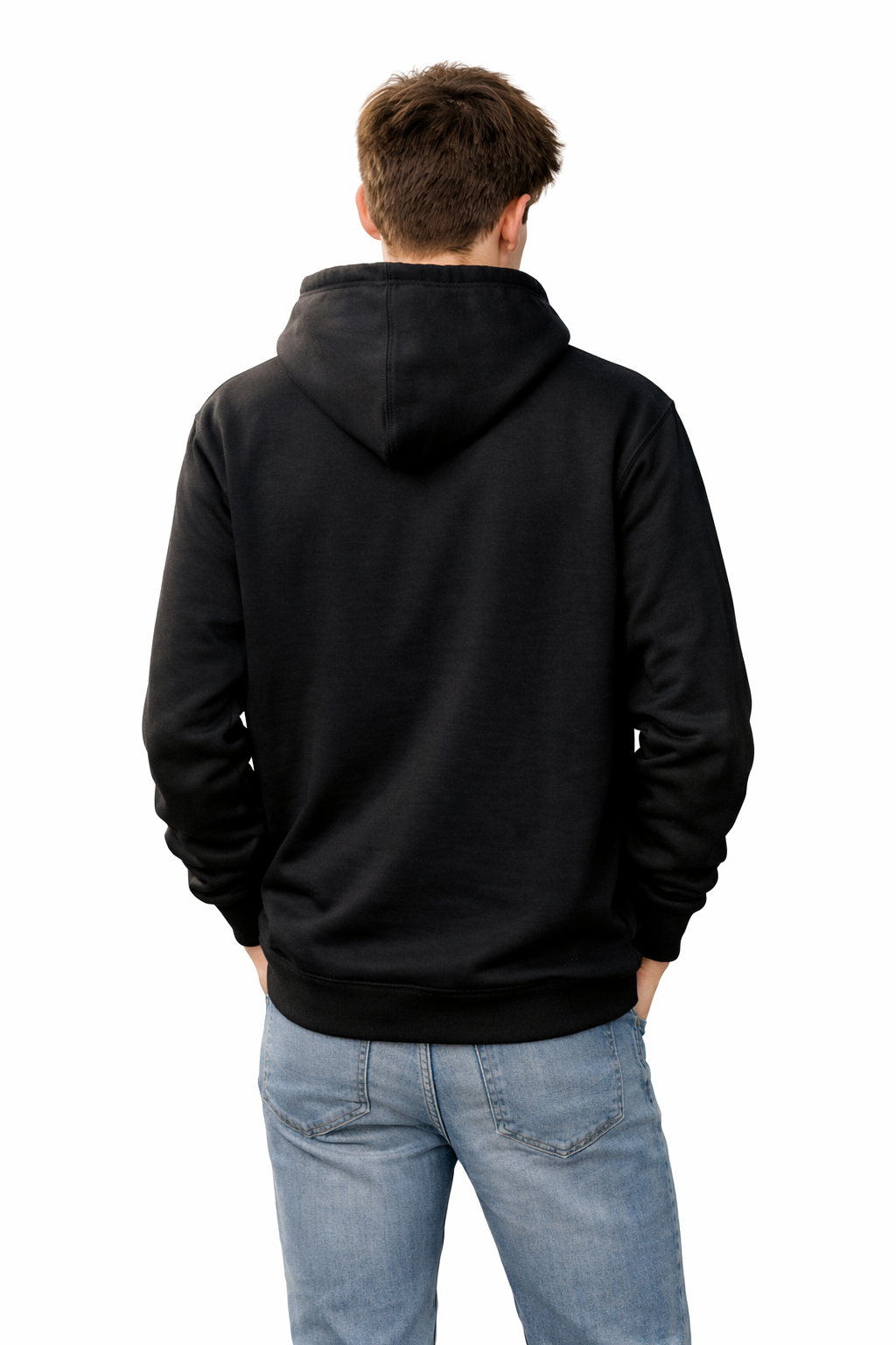 Person wearing a black hoodie and light blue jeans on a white background