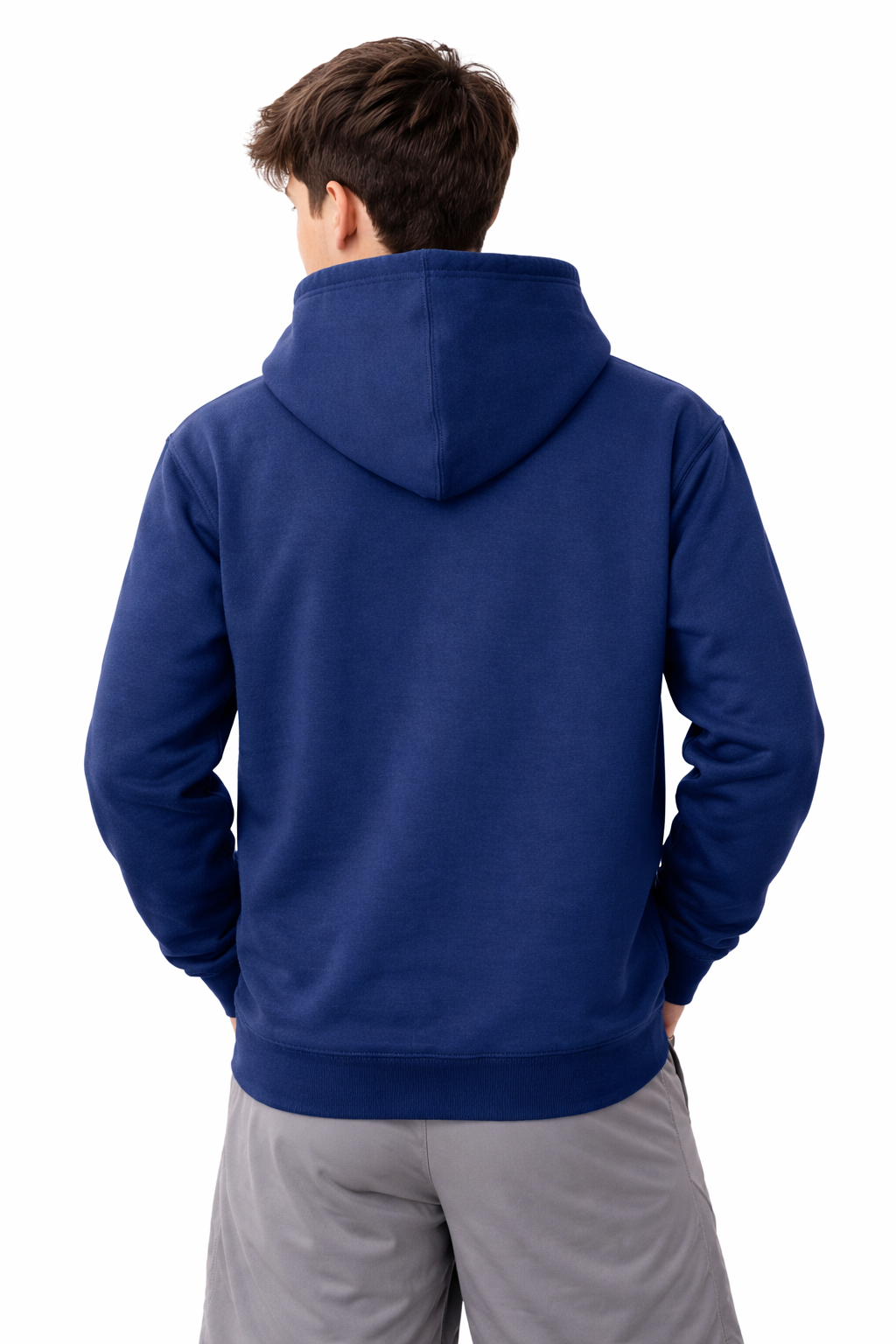 Person wearing a blue hoodie from behind on a white background