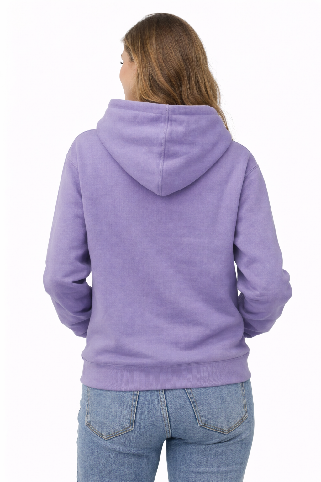 Person wearing a purple hoodie from behind on a white background