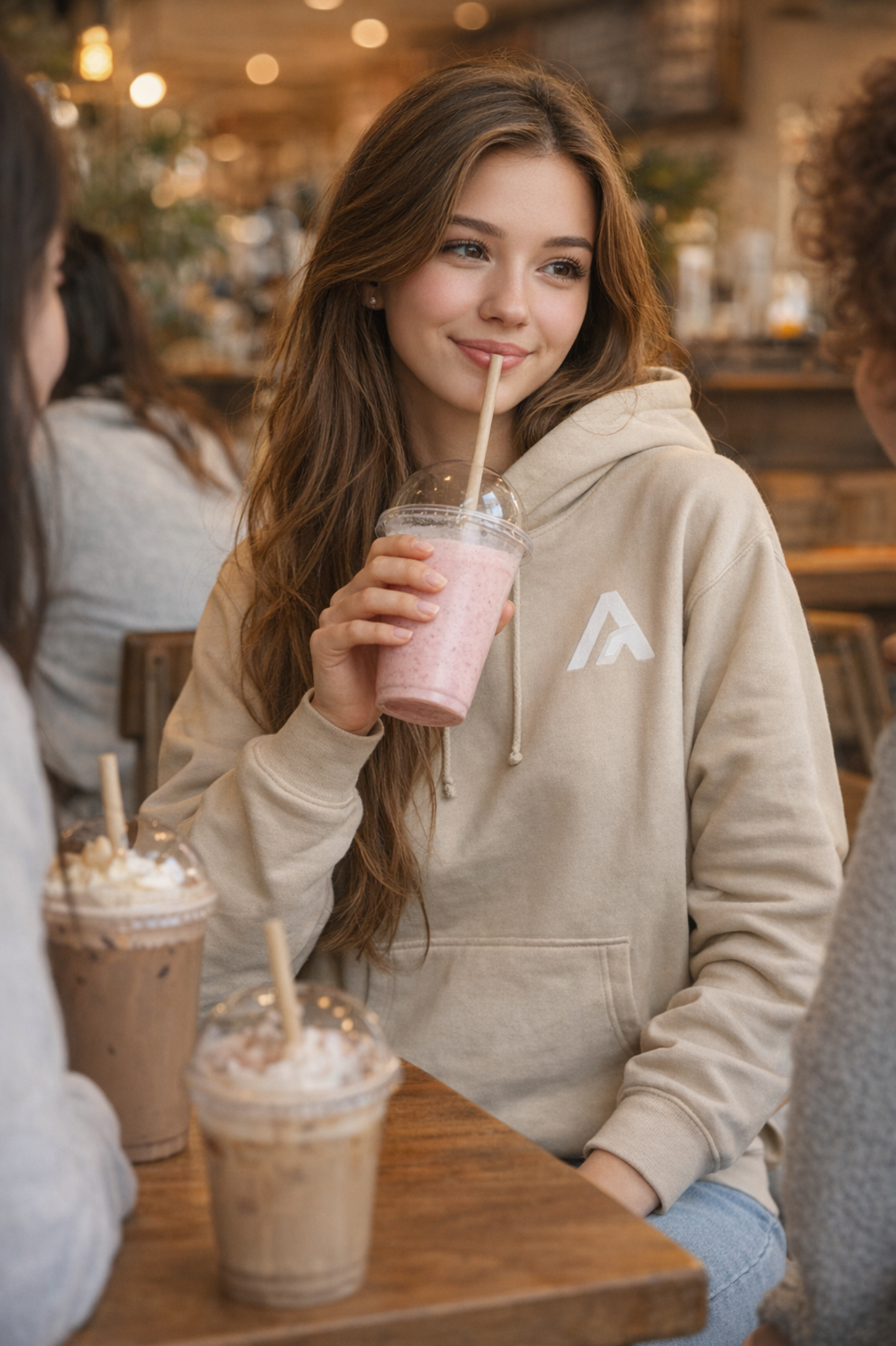 Young woman in a beige hoodie drinking a pink smoothie in a cafe.