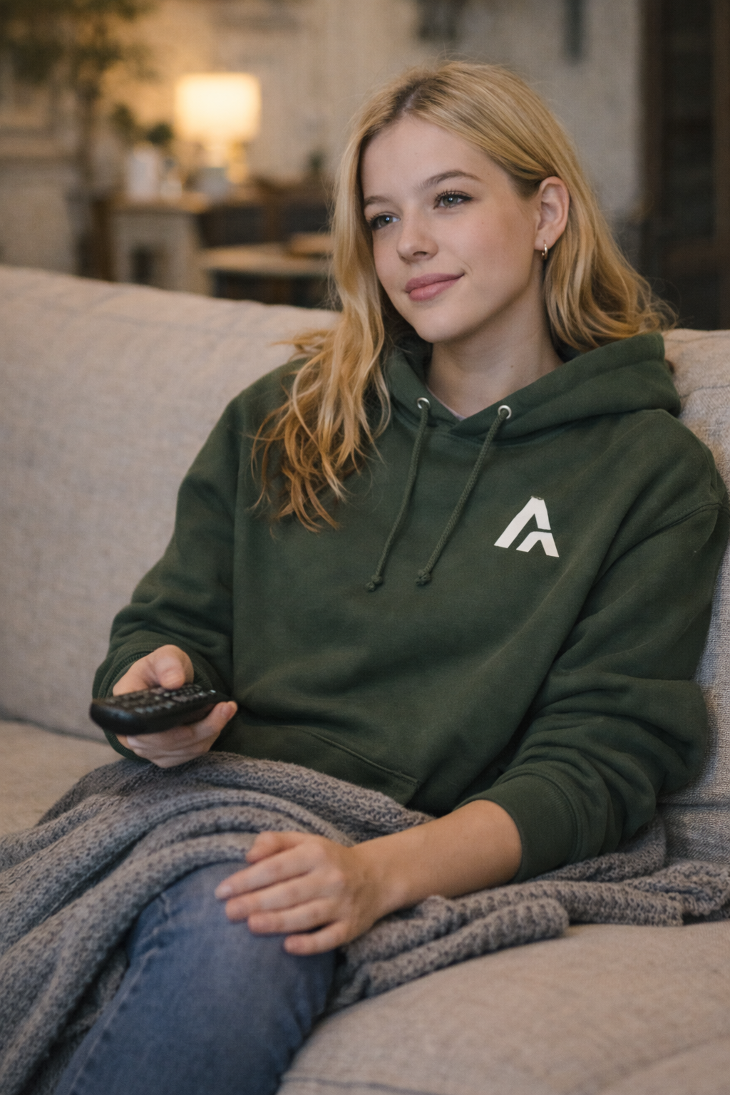 Person wearing a green hoodie with a logo, sitting on a couch holding a remote control.
