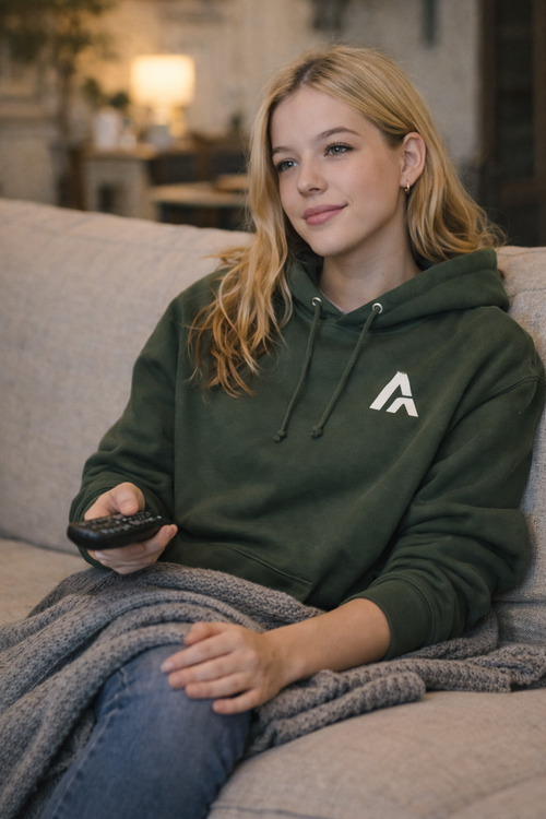 Person wearing a green hoodie with a logo, sitting on a couch holding a remote control.