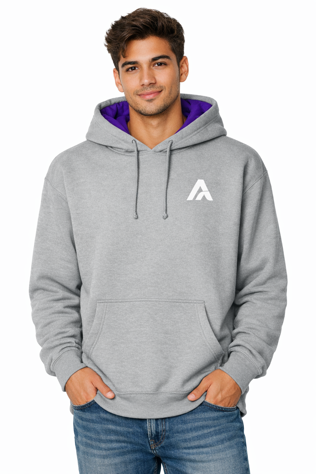 Man wearing a gray hoodie with a logo on a white background