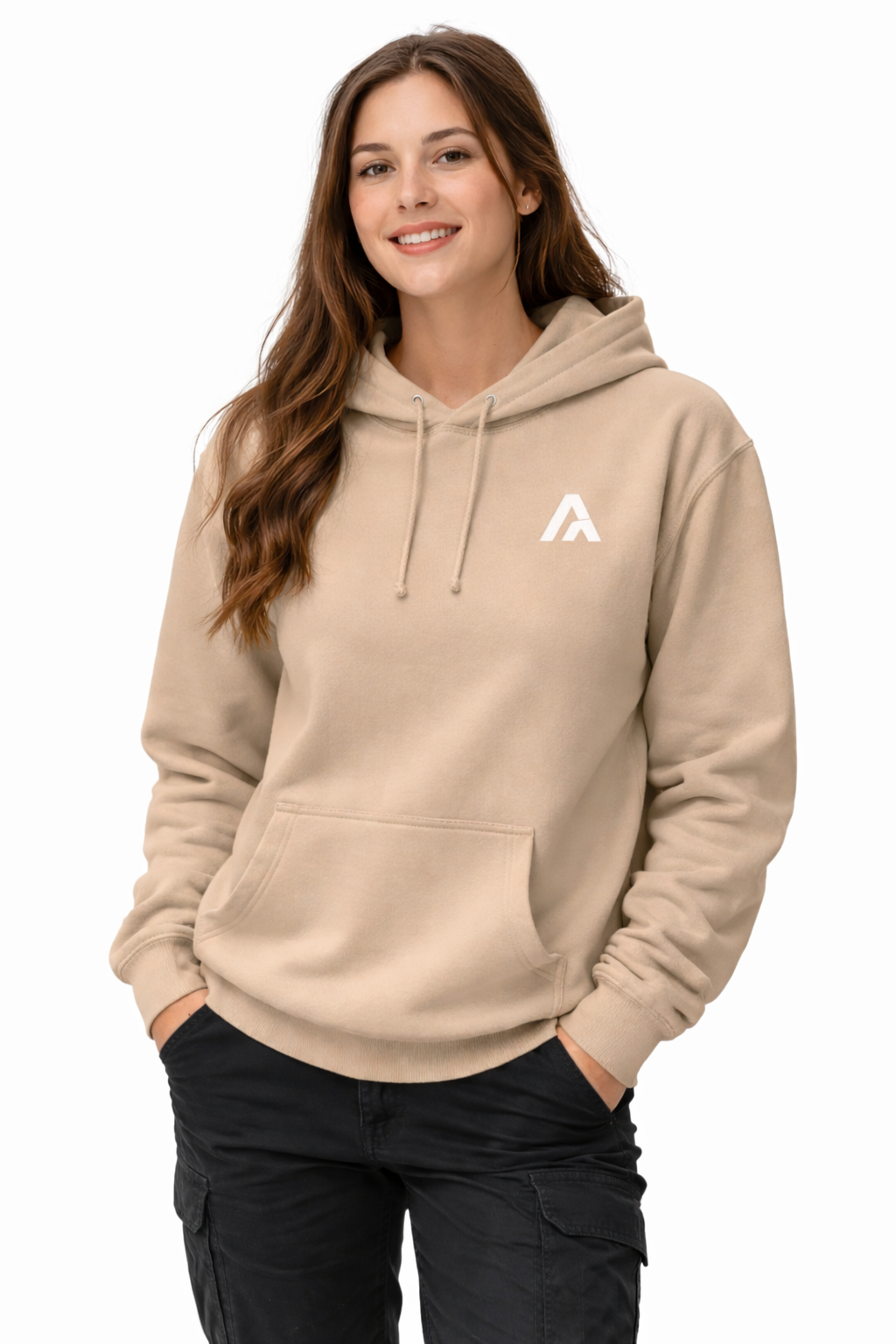 Woman wearing a beige hoodie with a logo on a white background
