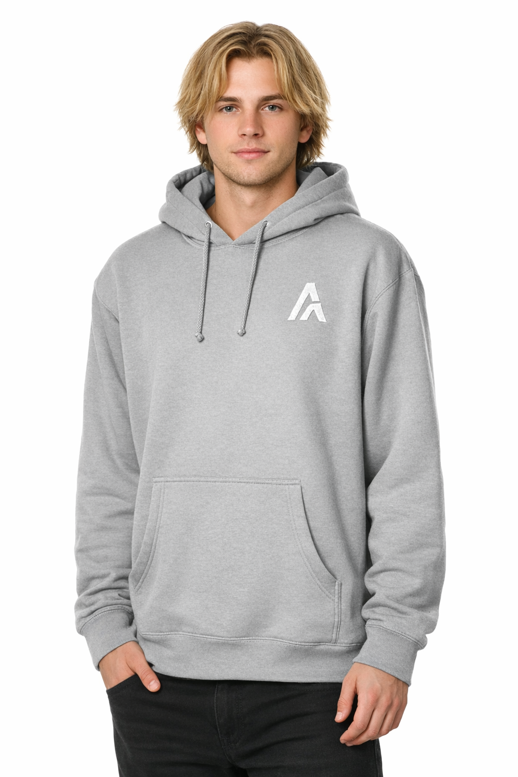 Person wearing a gray hoodie with a logo on a white background