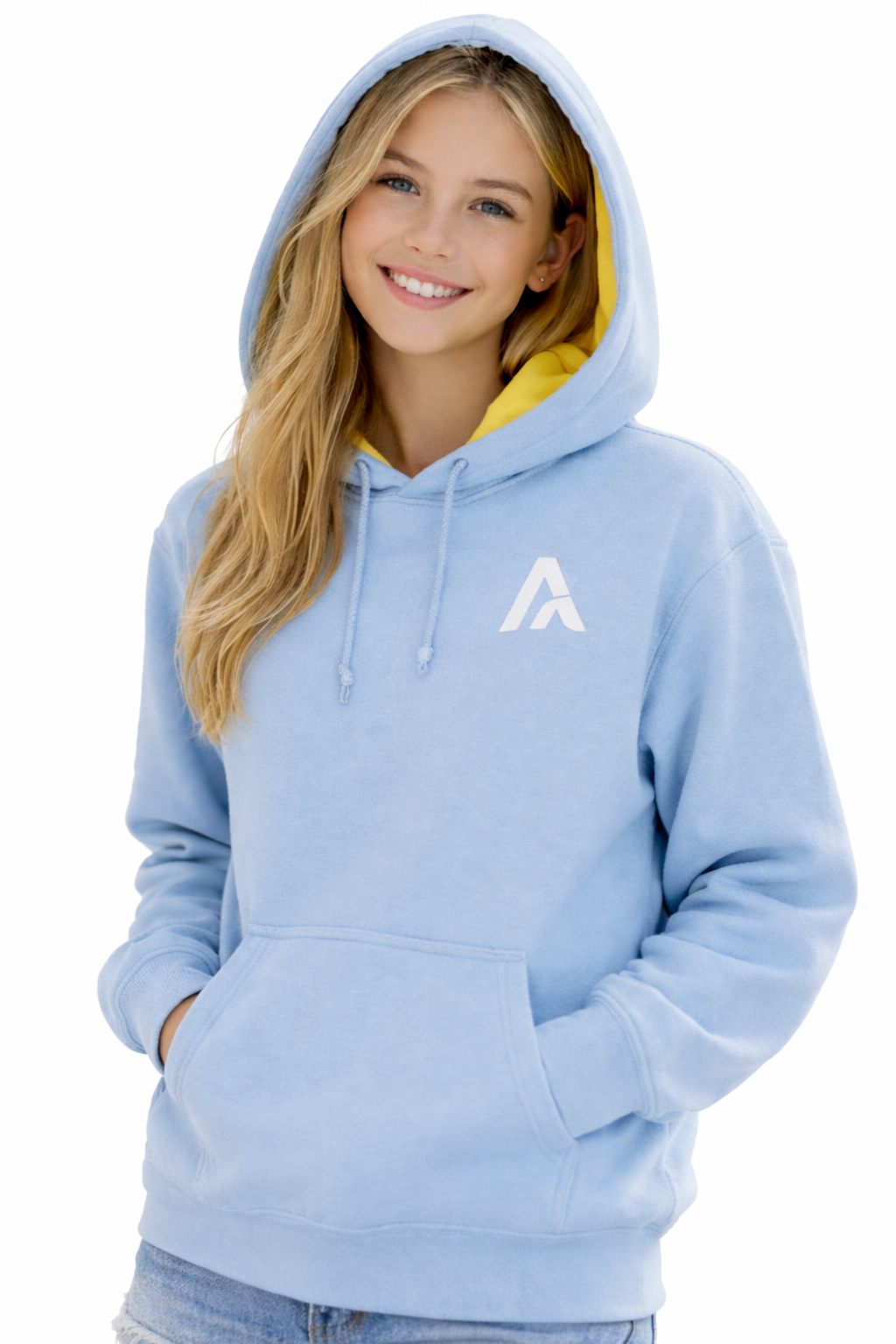 Woman wearing a light blue hoodie with a logo on a white background
