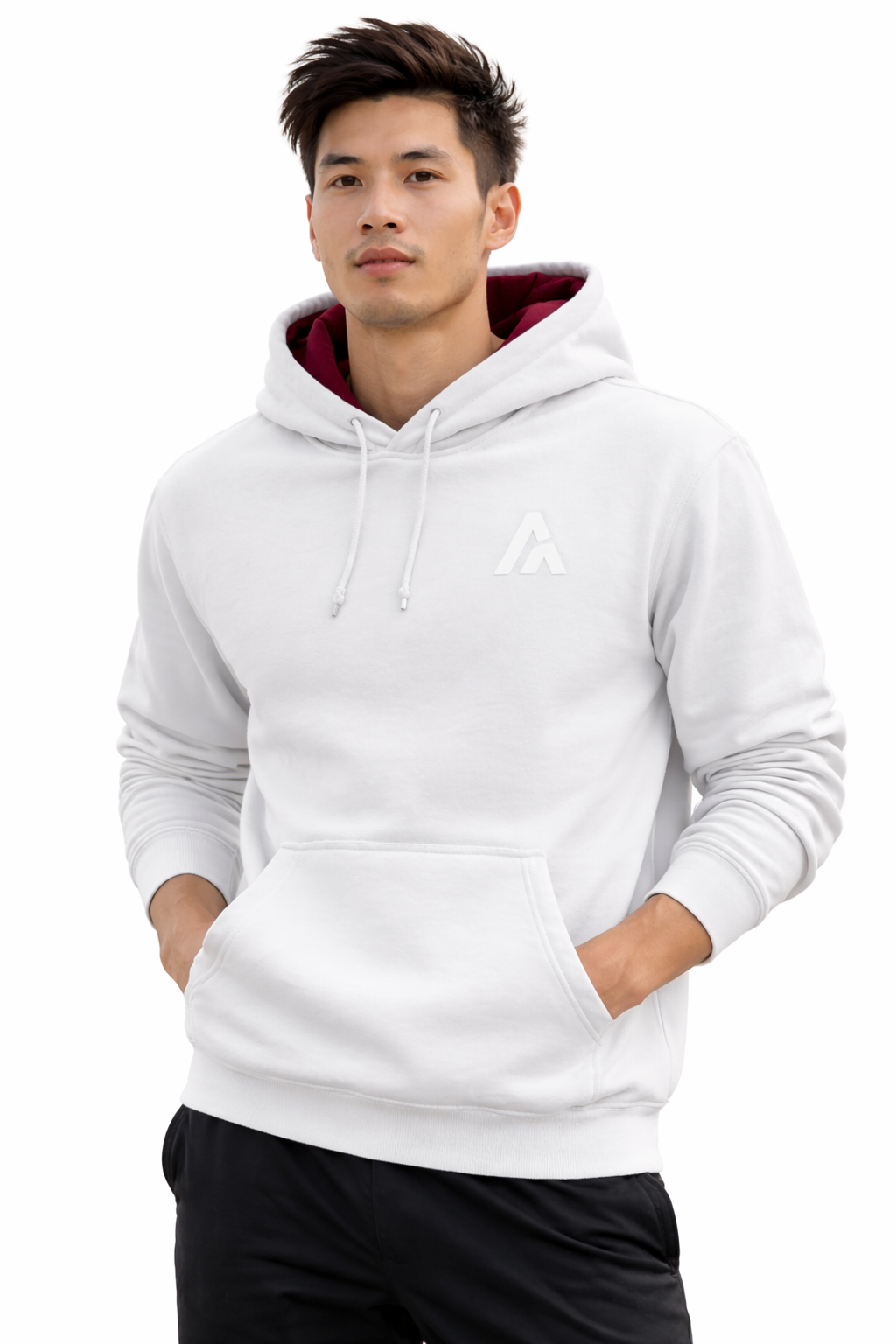 Man wearing a white hoodie with a red interior on a white background