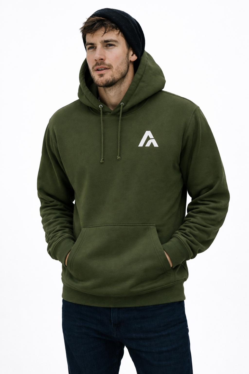 Man wearing a green hoodie with a logo on a white background