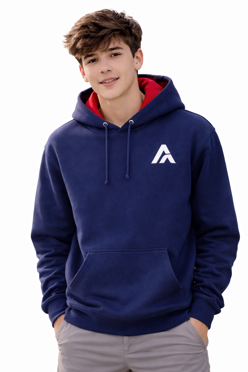 Person wearing a blue hoodie with a white logo on a white background