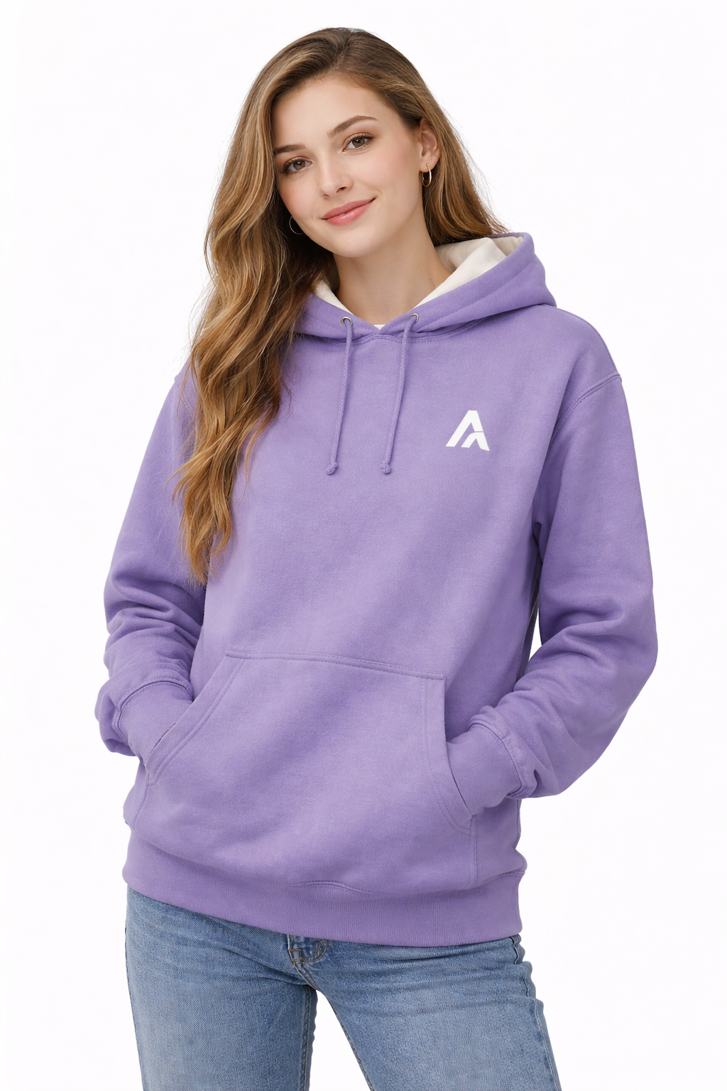Woman wearing a purple hoodie with a logo on a white background
