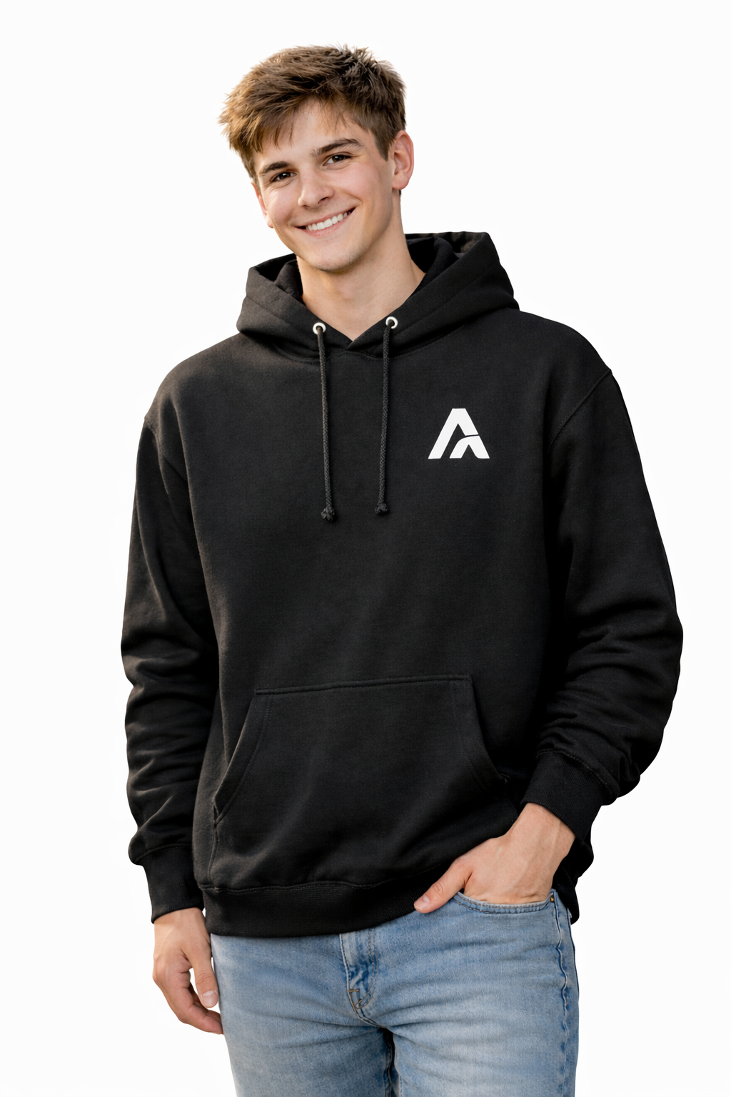 Person wearing a black hoodie with a logo on a white background