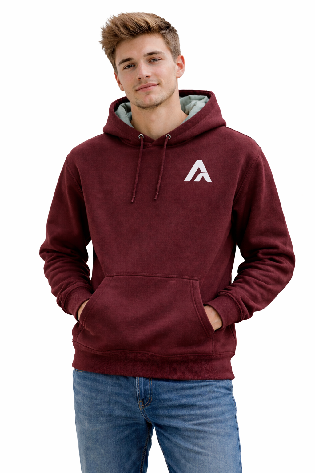 Man wearing a maroon hoodie with a logo on a white background