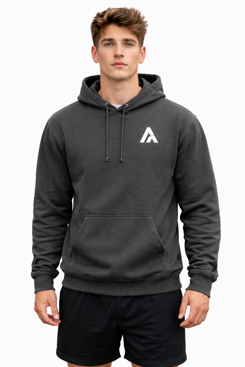 Man wearing a gray hoodie with a logo on a white background