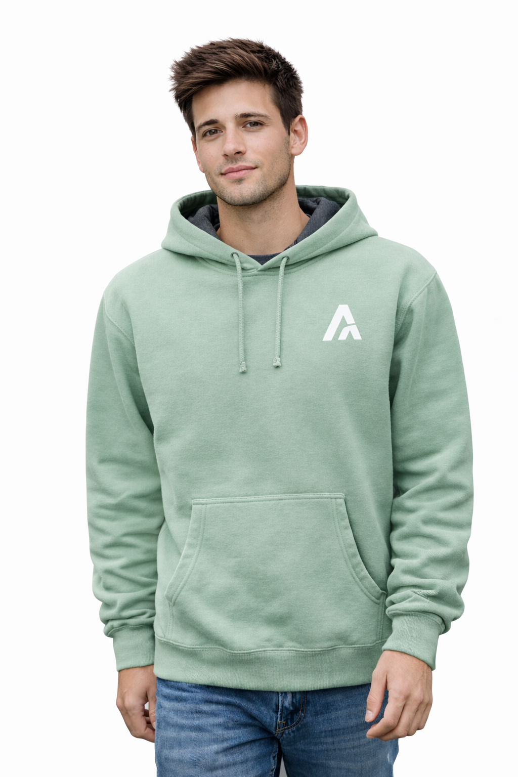 Man wearing a light green hoodie with a logo on a white background