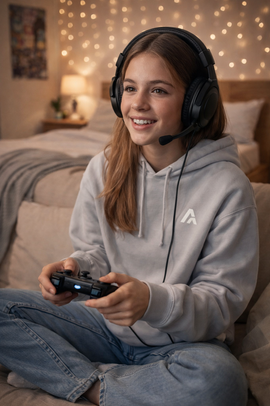 Young girl playing video games in a cozy bedroom with string lights.