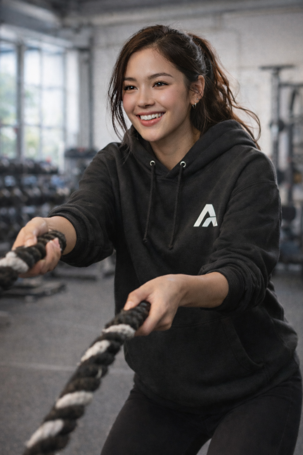 Person in a gym using battle ropes, wearing a black hoodie with a logo.