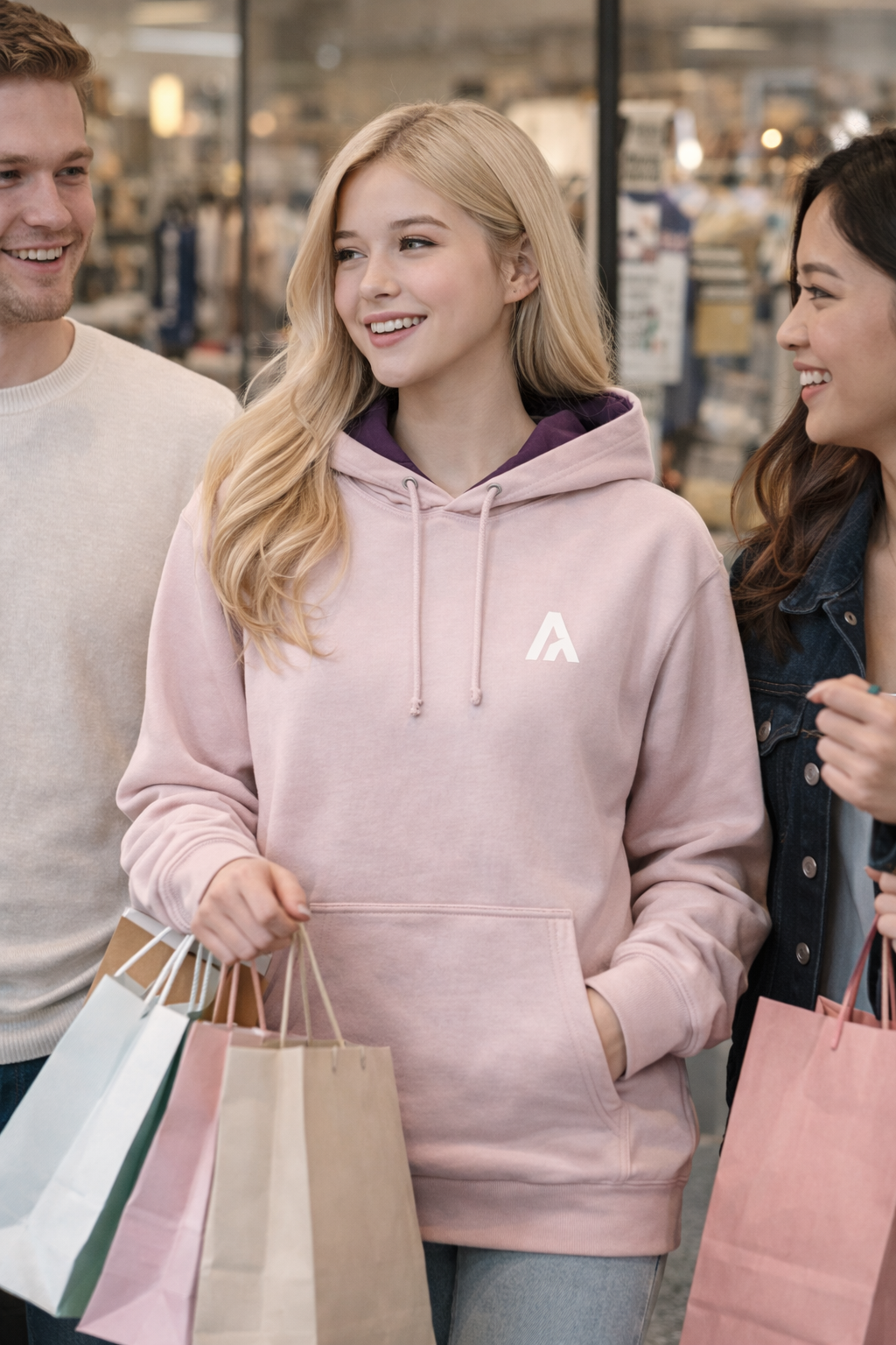 Three people, two women and a man, are shopping together with bags in a store setting.