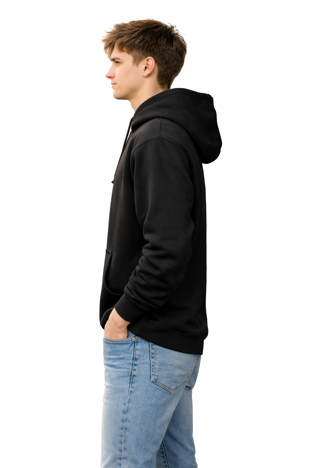 Person wearing a black hoodie and light blue jeans on a white background