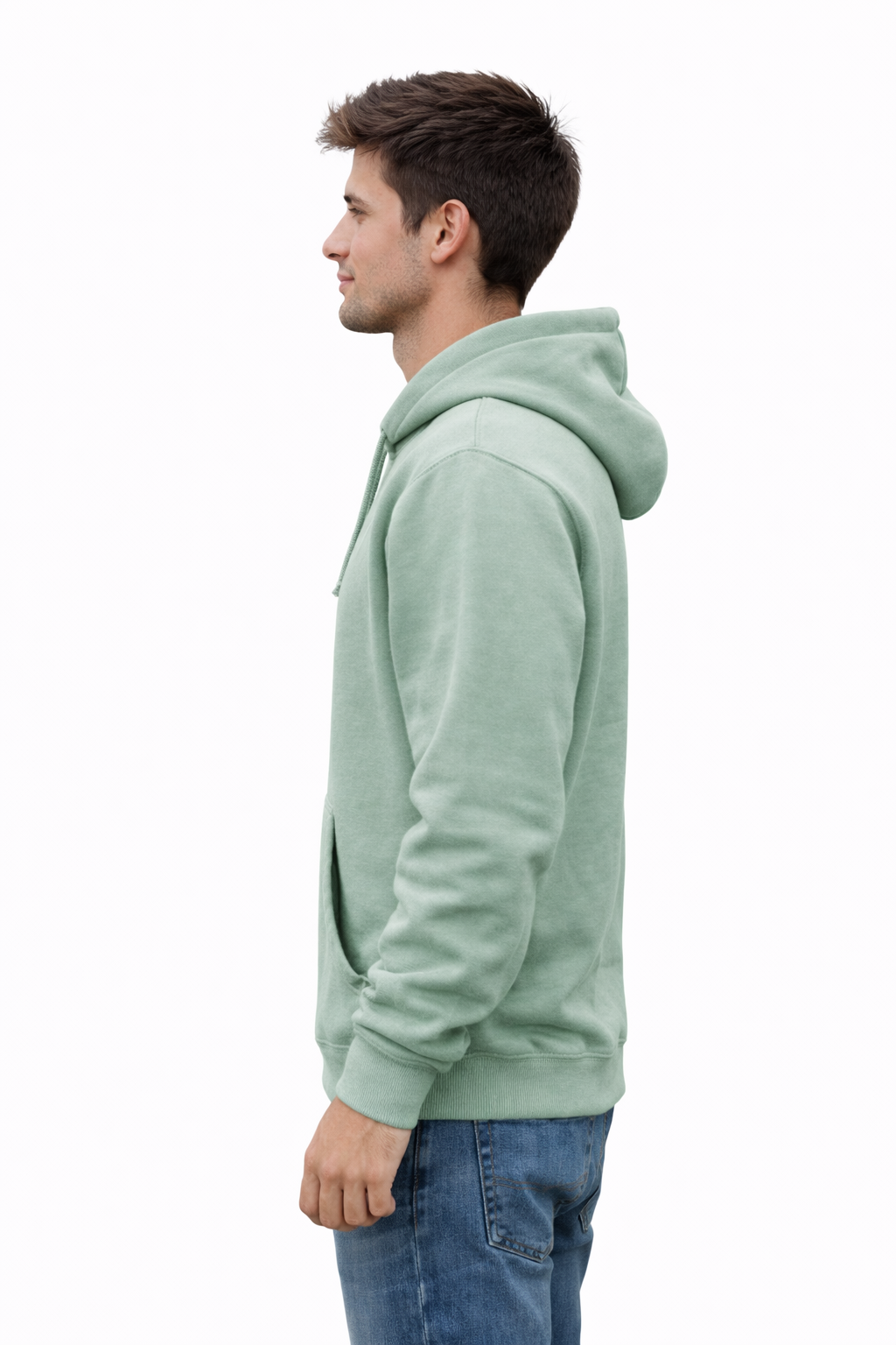 Man wearing a light green hoodie on a white background