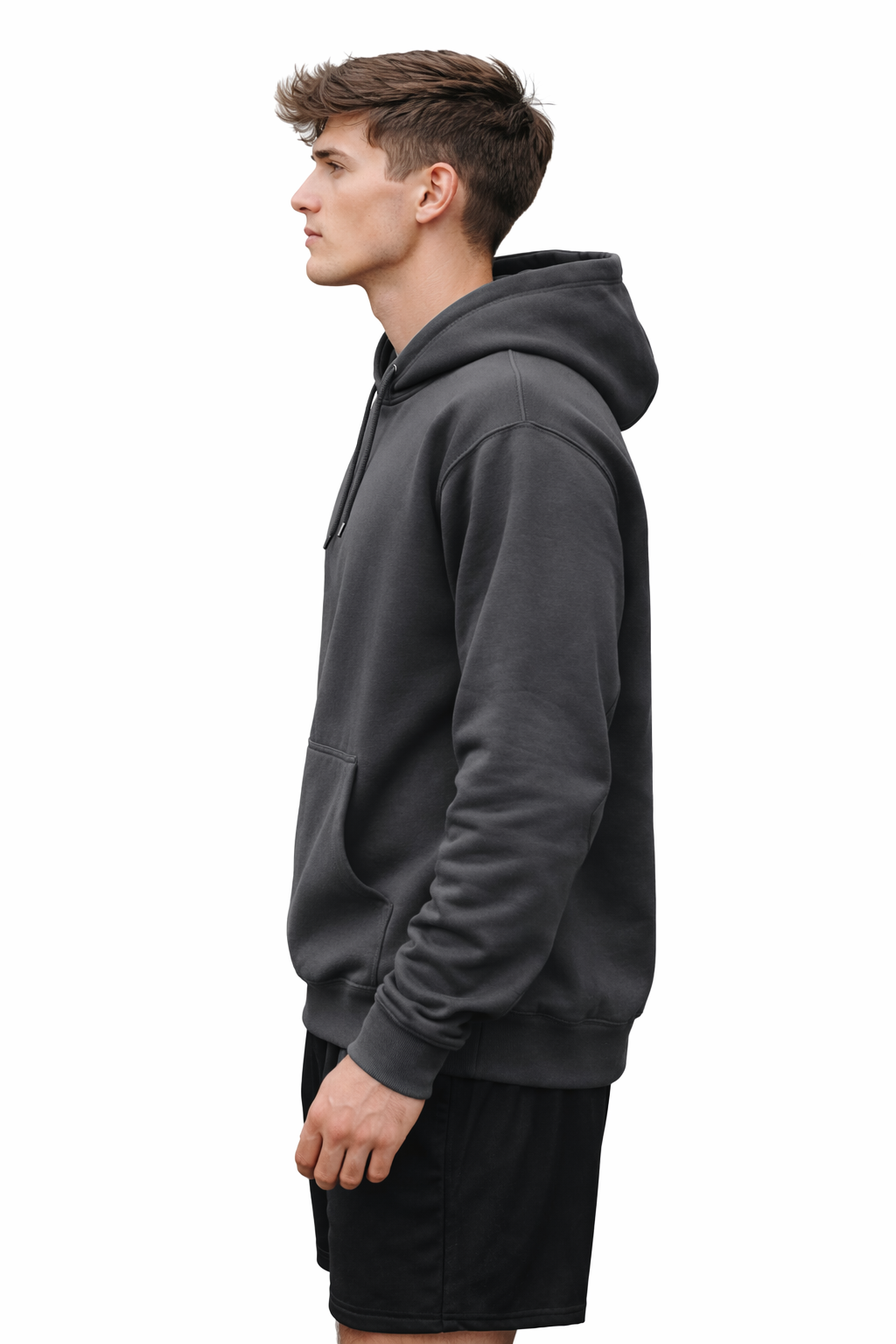 Man wearing a dark gray hoodie on a white background