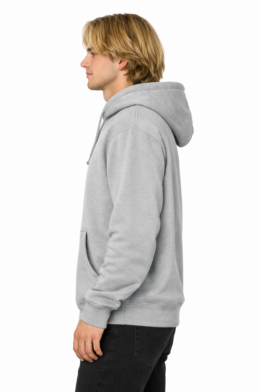 Person wearing a gray hoodie on a white background