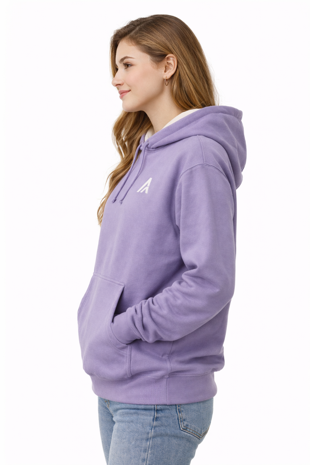 Woman wearing a purple hoodie with a logo on a white background