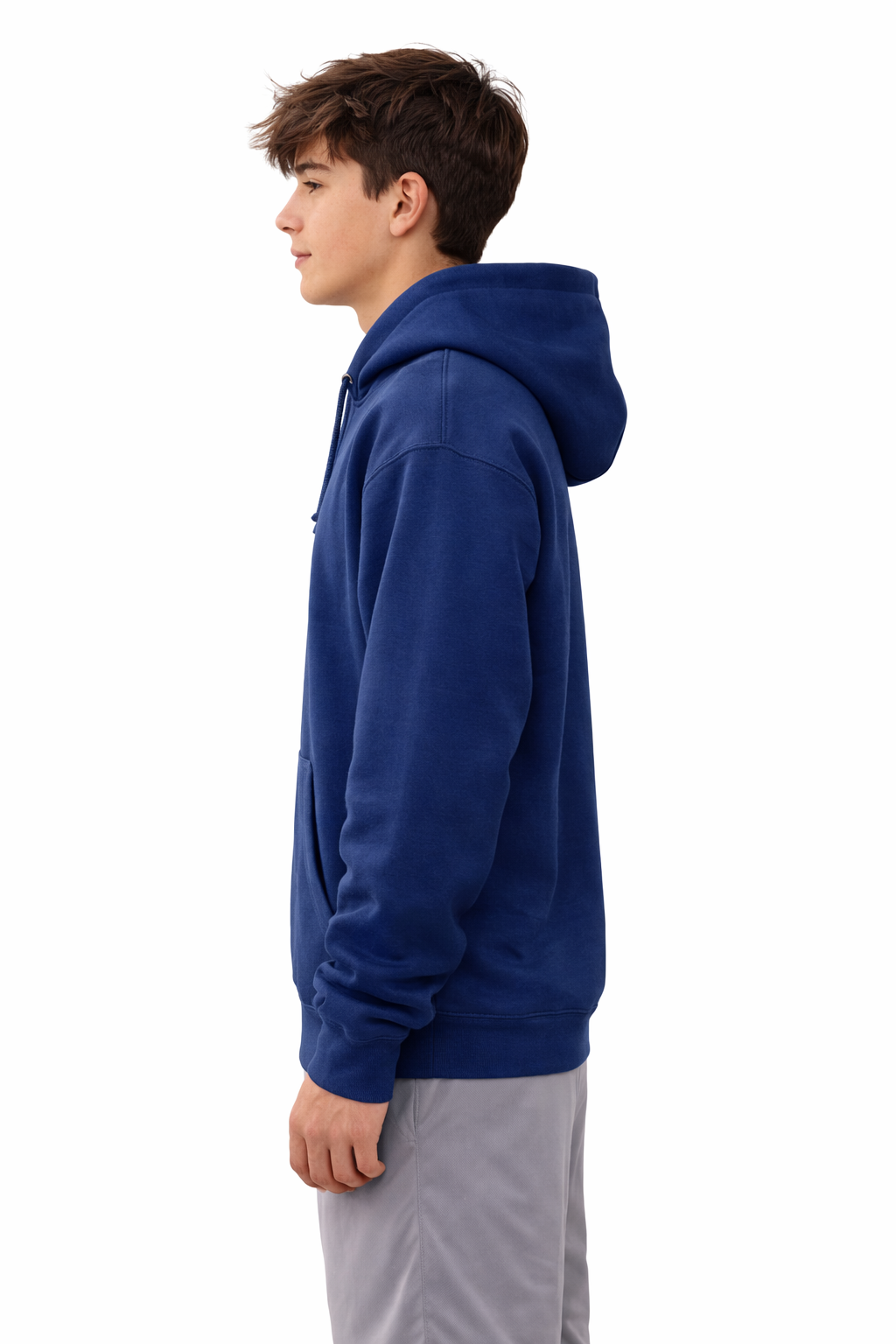 Person wearing a blue hoodie on a white background