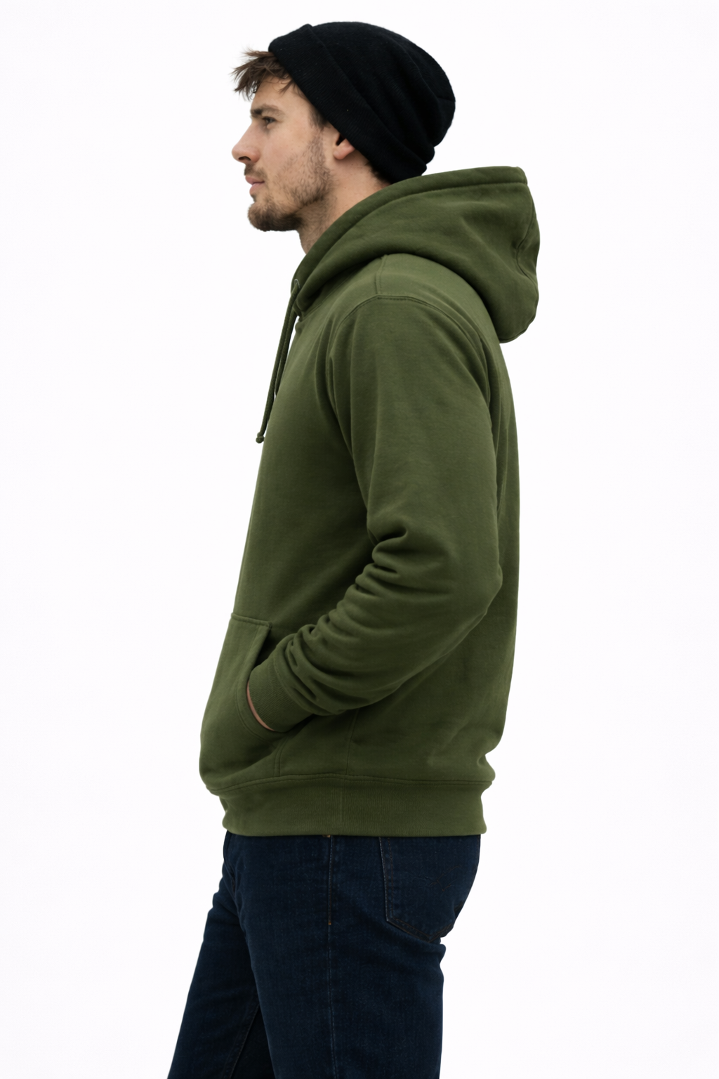 Man wearing a green hoodie and black beanie on a white background