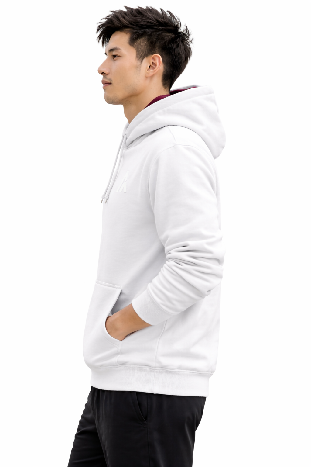 Man wearing a white hoodie on a white background