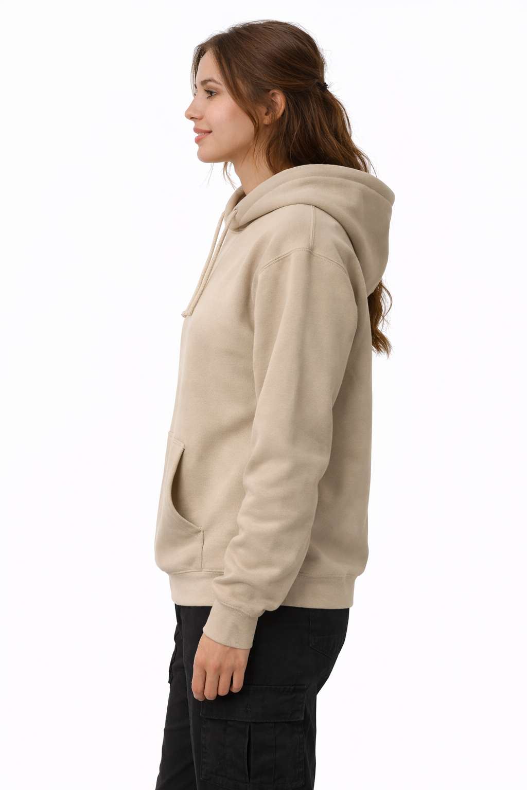 Woman wearing a beige hoodie on a white background